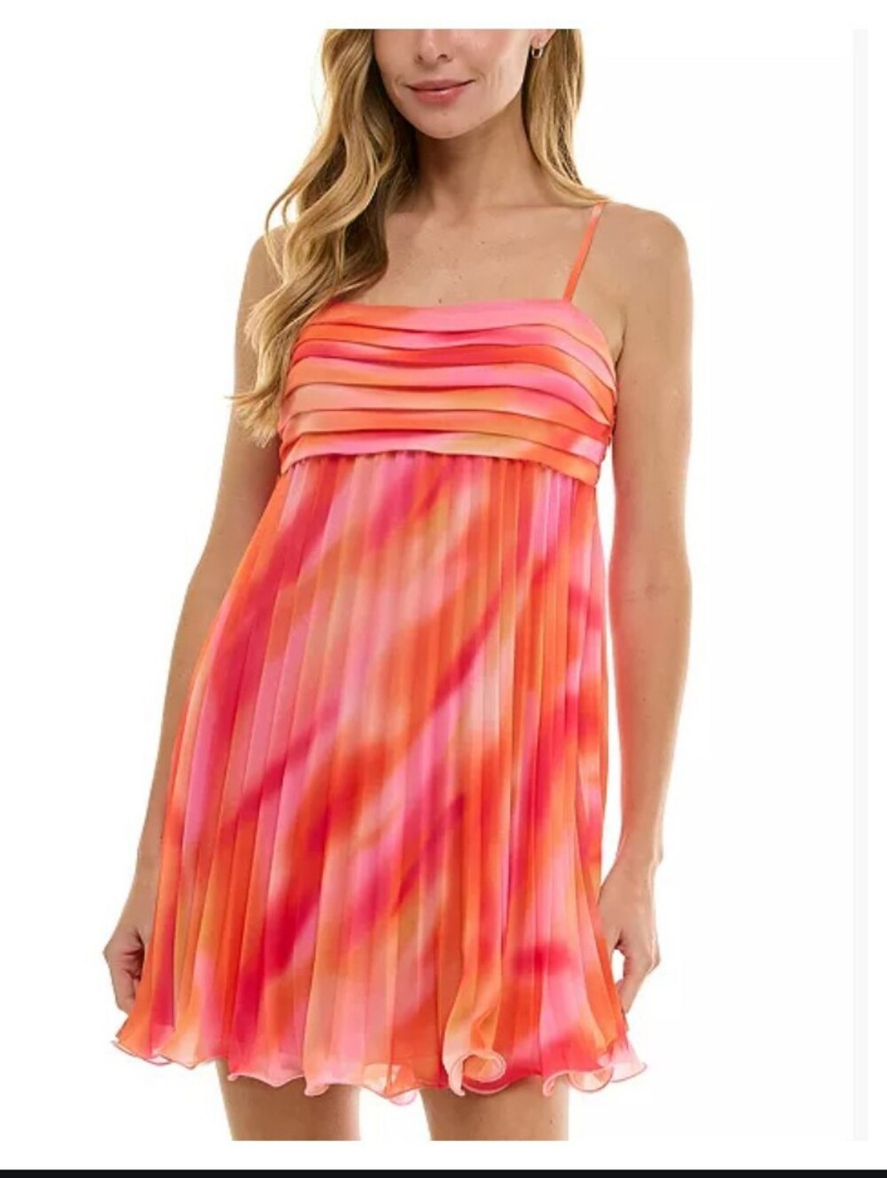 Vibrant Pink-Orange Pleated Spaghetti Strap Dress *119*